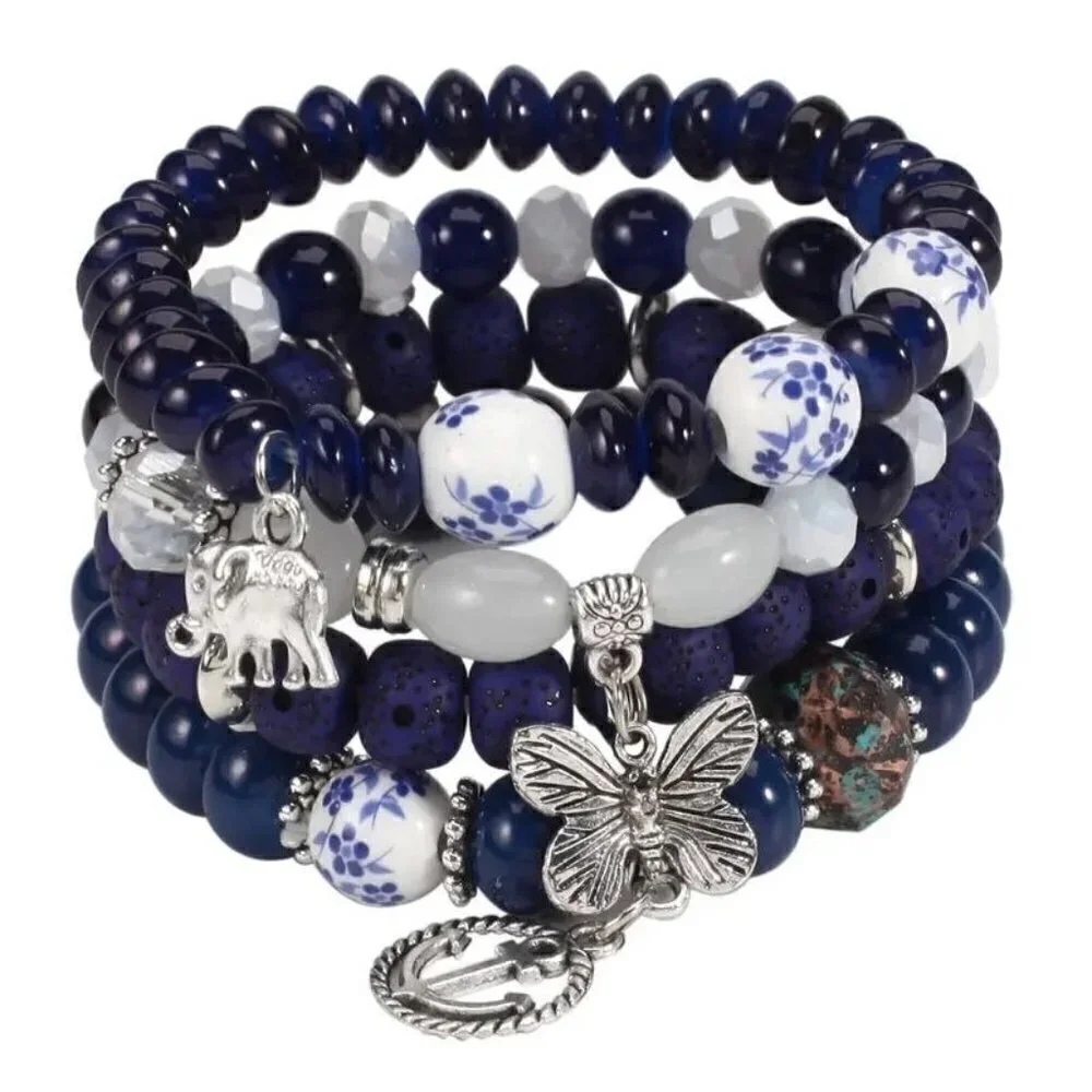 Bohemian Layered Glass Beaded Charm Bracelet (Sapphire)